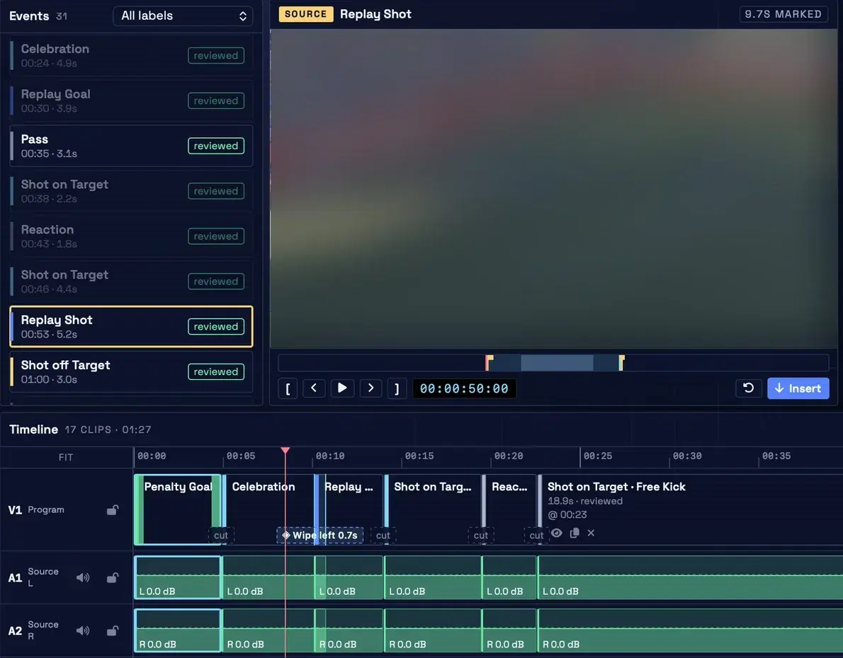 RISE Highlights editor with reviewed events and a multi-clip timeline